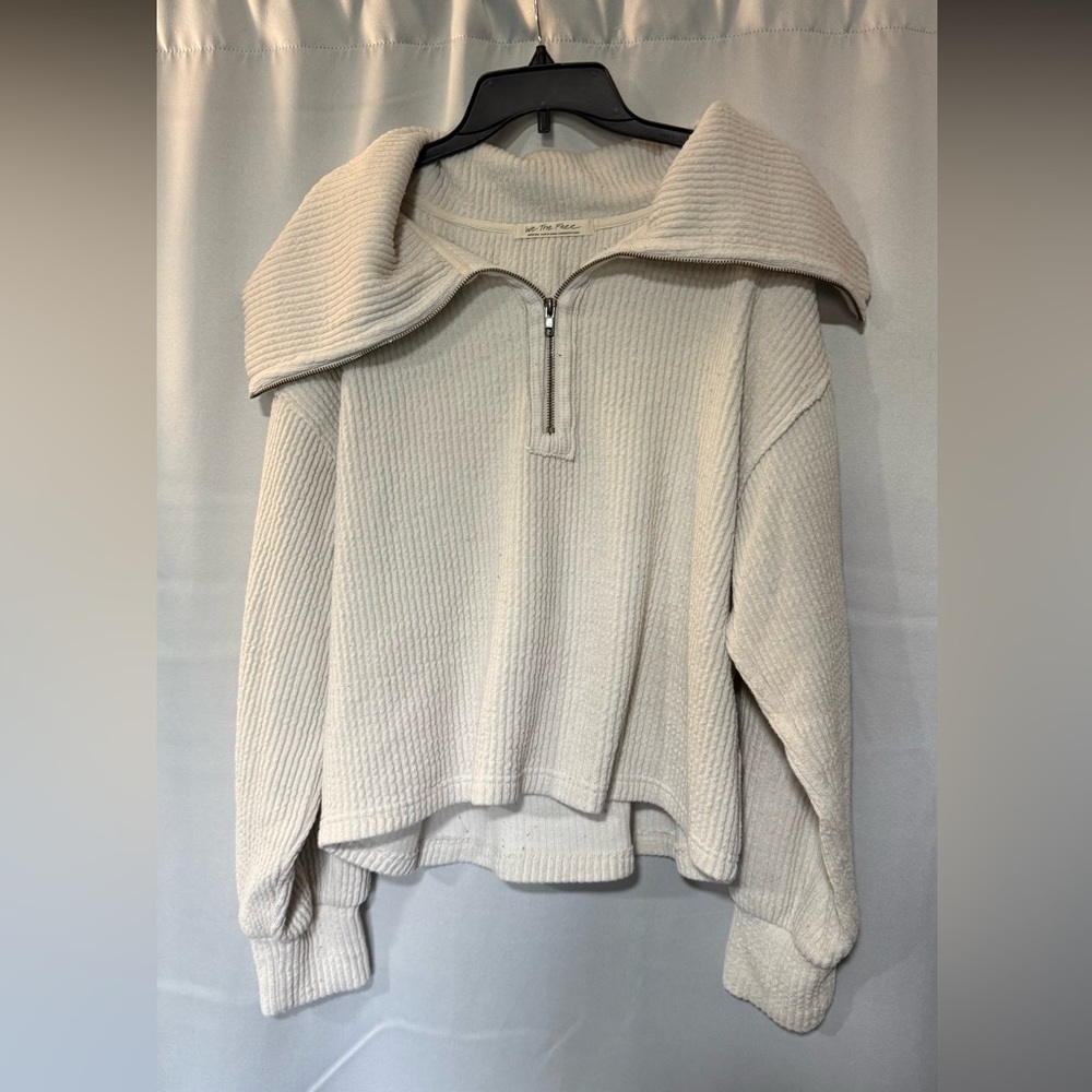 We The Free wide collar quarter zip rib knit sweater cream size medium